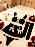 Boudoir Satin Bow Ruffled Bralette, Pleated Mini Apron Skirt, Thong, and Stocking Set