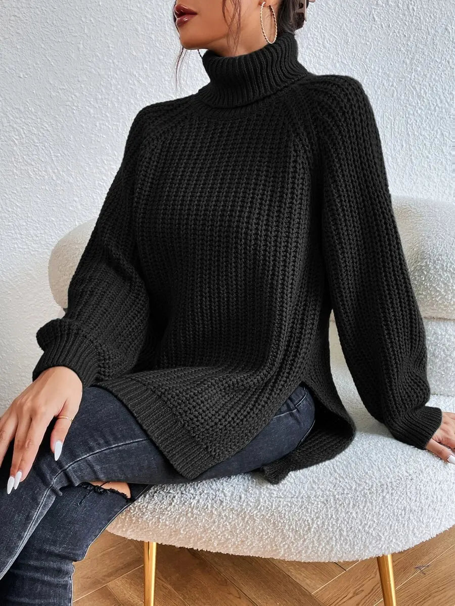 Women's Oversized Turtleneck Knit Sweater with Raglan Sleeves and Relaxed Silhouette