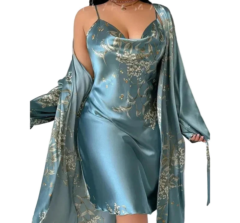 Plus Size Satin-Look Camisole Nightgown with Delicate Floral Print, Lace-Trimmed Neckline and Elegant Slip Silhouette