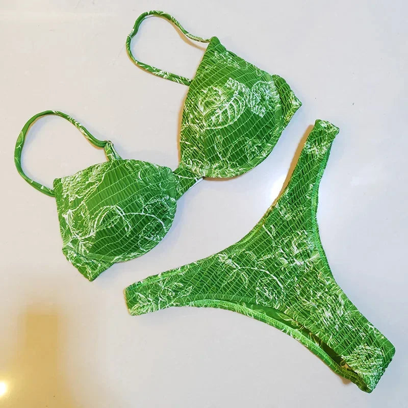 Vibrant Green Floral Underwire Bikini with Ruched Texture