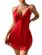 Navy Blue Floral Satin-Finish Chemise with Scalloped Lace Trim