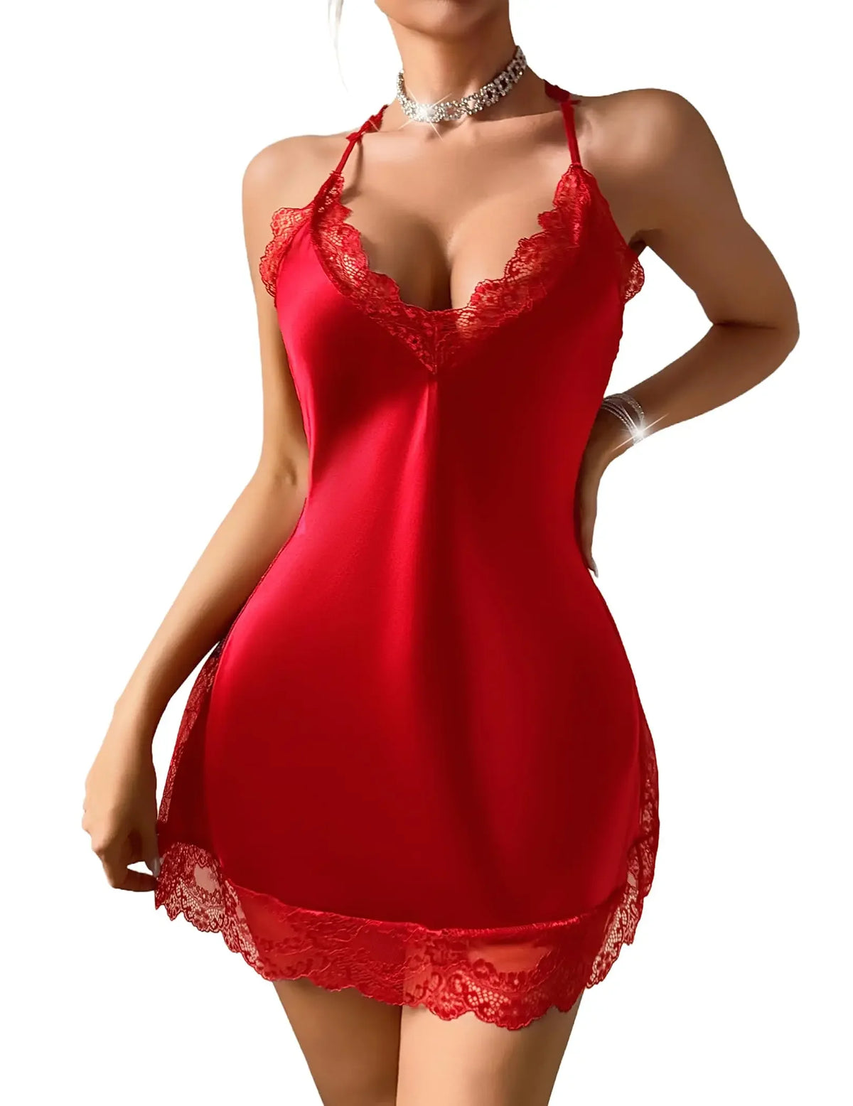 Navy Blue Floral Satin-Finish Chemise with Scalloped Lace Trim