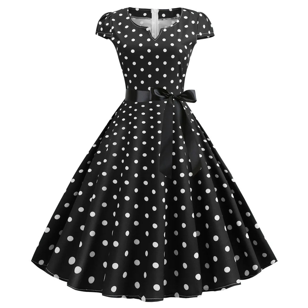 Retro Red and White Polka Dot Swing Dress with Black Waist Tie