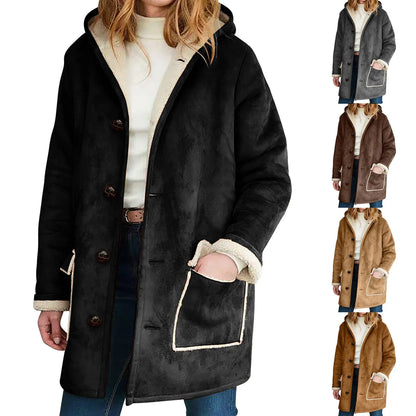 Women's Faux Suede Sherpa Lined Hooded Jacket Casual Winter Button Front Outerwear