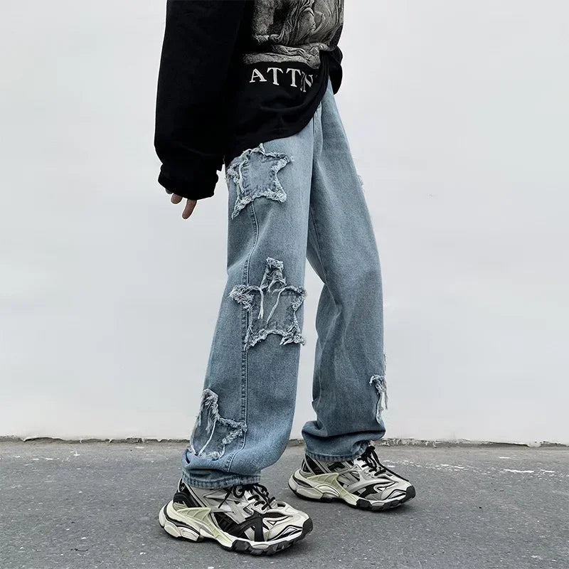 Men's Relaxed Wide Leg Denim Jeans with Star Patch Detail and Streetwear Style