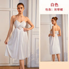 Sleek Black Satin-Finish Chemise Nightdress with Sheer Lace Bodice Patchwork