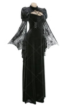 Women's Gothic Velvet Maxi Dress with Flared Mesh Sleeves and Elegant Alternative Styling