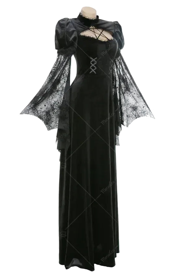 Women's Gothic Velvet Maxi Dress with Flared Mesh Sleeves and Elegant Alternative Styling