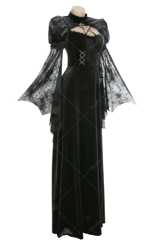 Women's Gothic Velvet Maxi Dress with Flared Mesh Sleeves and Elegant Alternative Styling