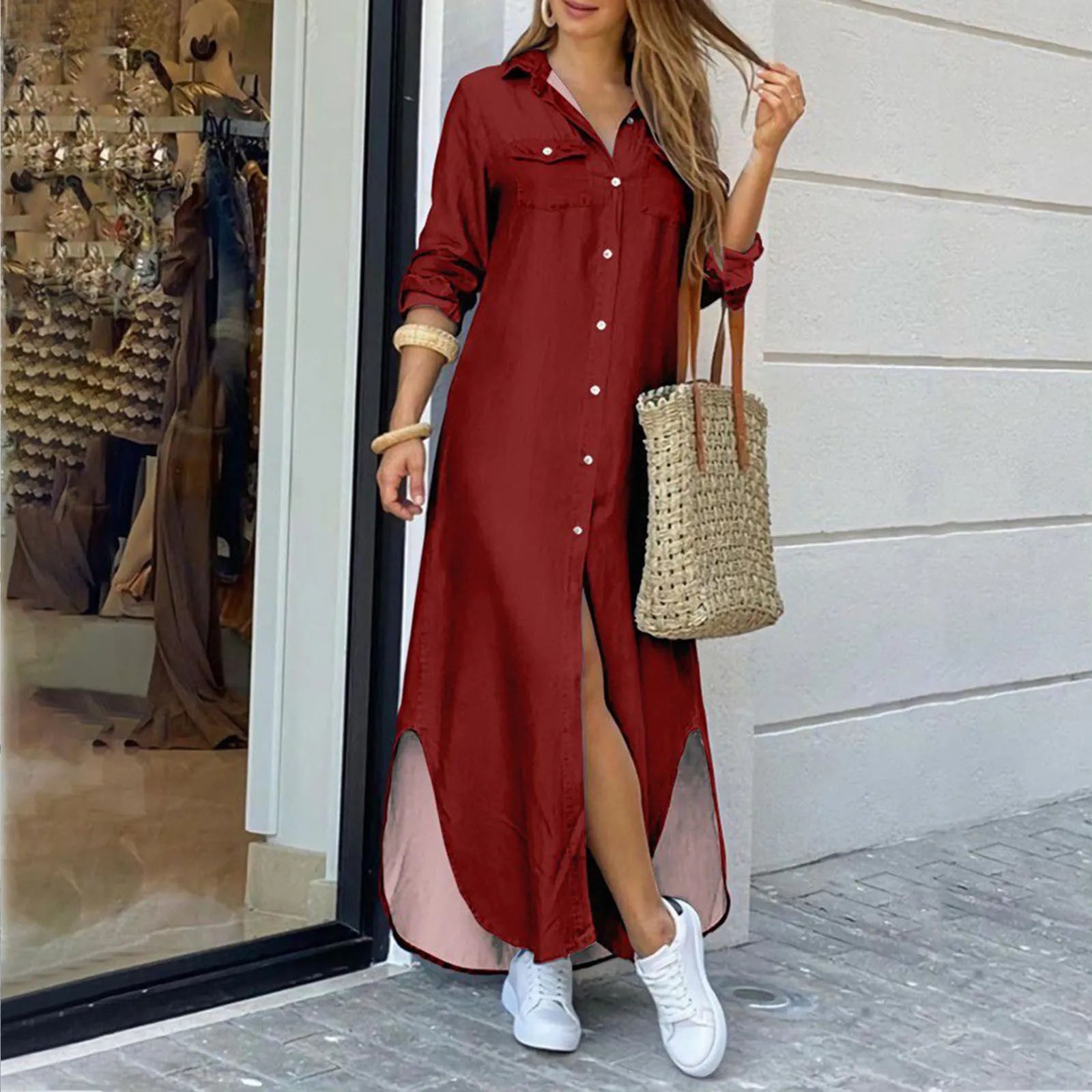 Button Front Shirt Maxi Dress with Relaxed Side Slit Styling