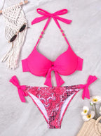 Neon Green Underwire Halter Bikini with Printed Side-Tie Bottom