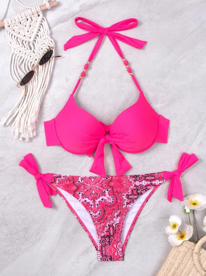 Neon Green Underwire Halter Bikini with Printed Side-Tie Bottom