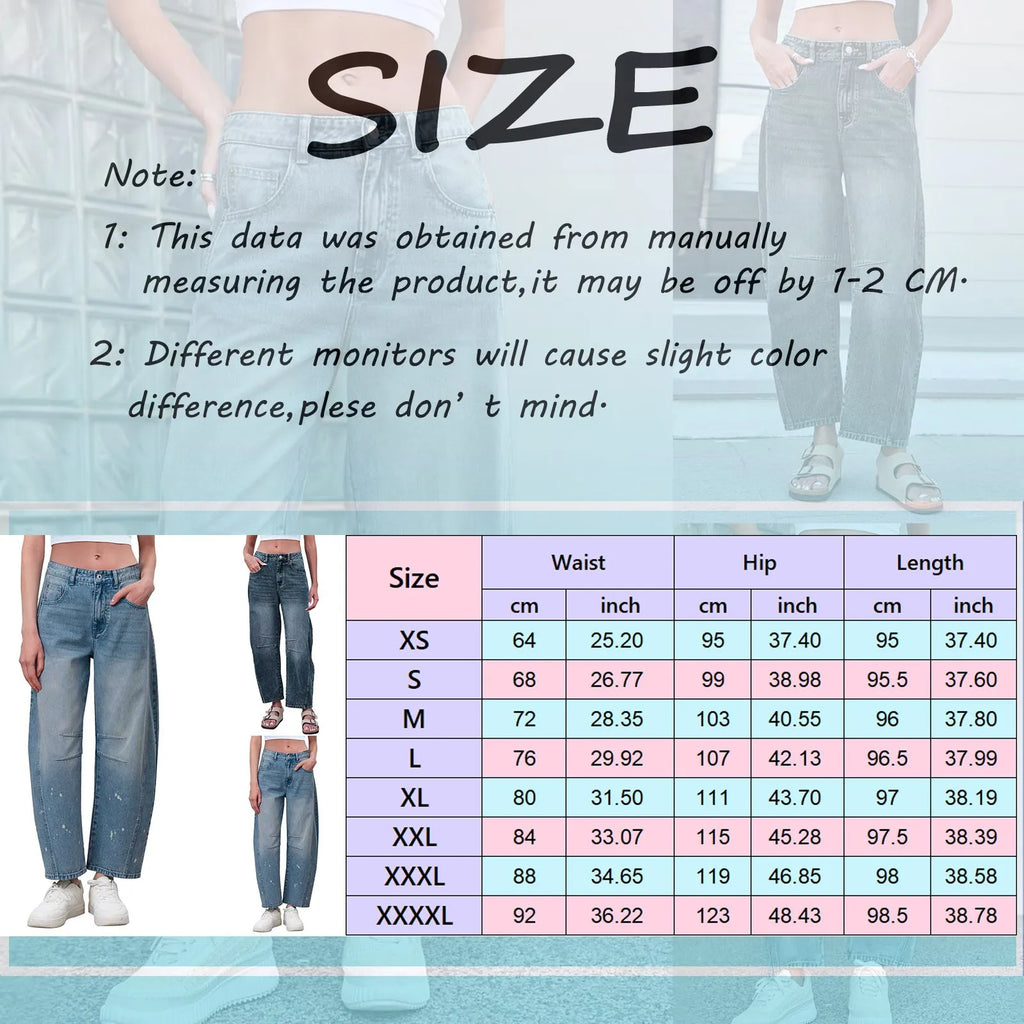 Women's Mid Rise Cropped Barrel Leg Stretch Denim Jeans with Relaxed Streetwear Fit