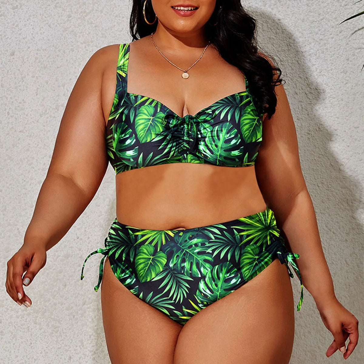 Navy Blue Floral Medallion Two-Piece Bikini Set with High-Waisted Bottom, Shaped Top and Adjustable Side-Tie Details