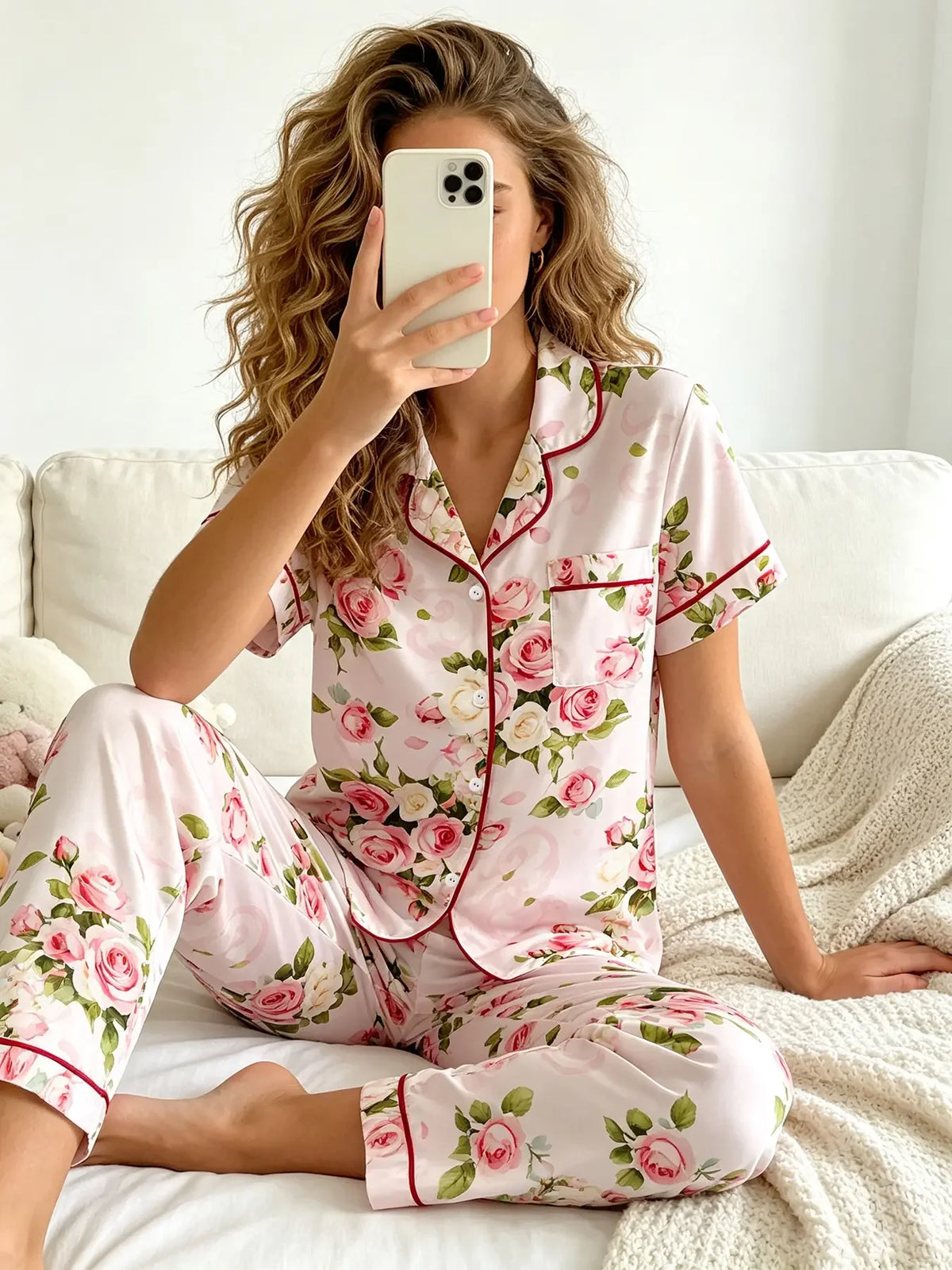 Bee and Sunflower Print Pajama Set with Short-Sleeve Button-Down Shirt, Lapel Collar and Matching Long Pants