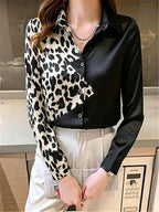 Dynamic Leopard Print and Solid Black Spliced Button-Down Blouse