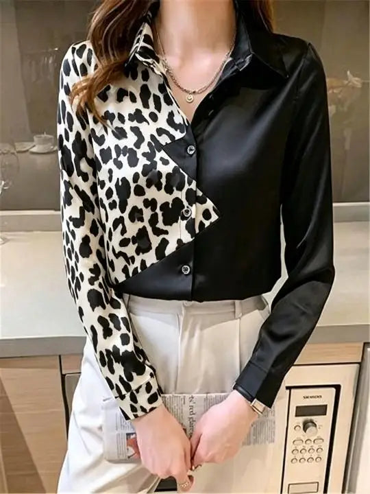 Dynamic Leopard Print and Solid Black Spliced Button-Down Blouse