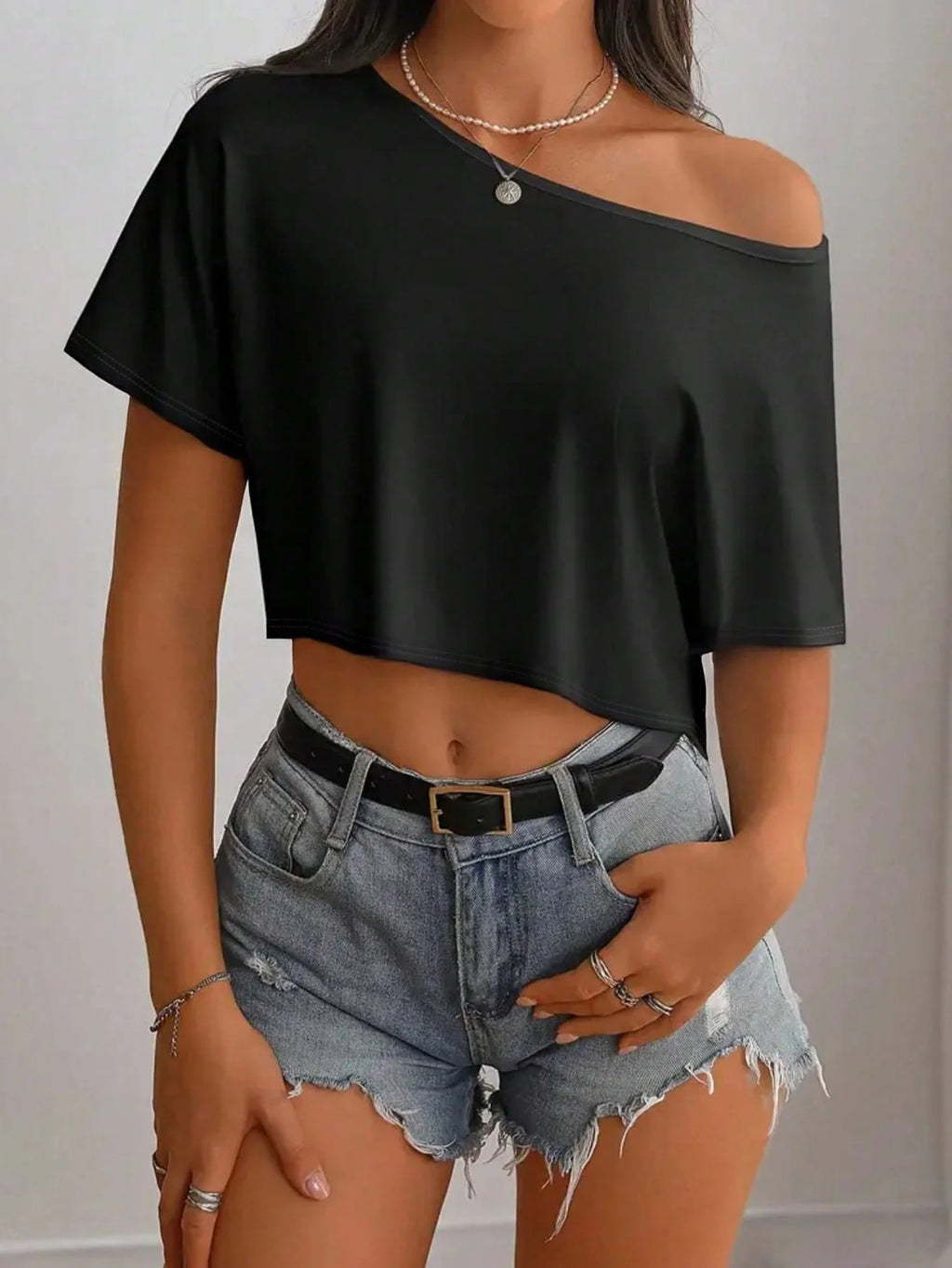 Off Shoulder Cropped Tee with Relaxed Fit and Casual Everyday Styling