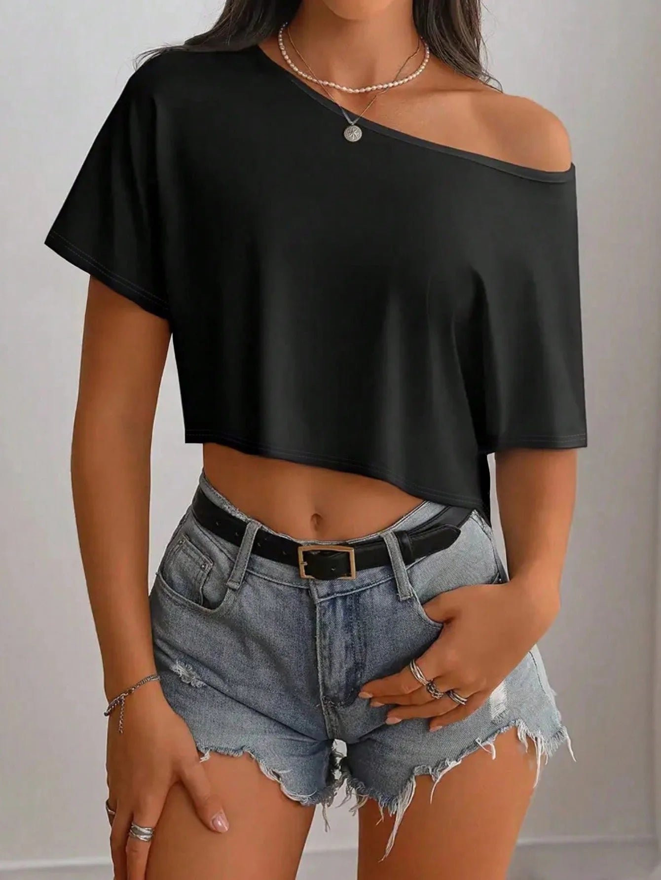 Off Shoulder Cropped Tee with Relaxed Fit and Casual Everyday Styling