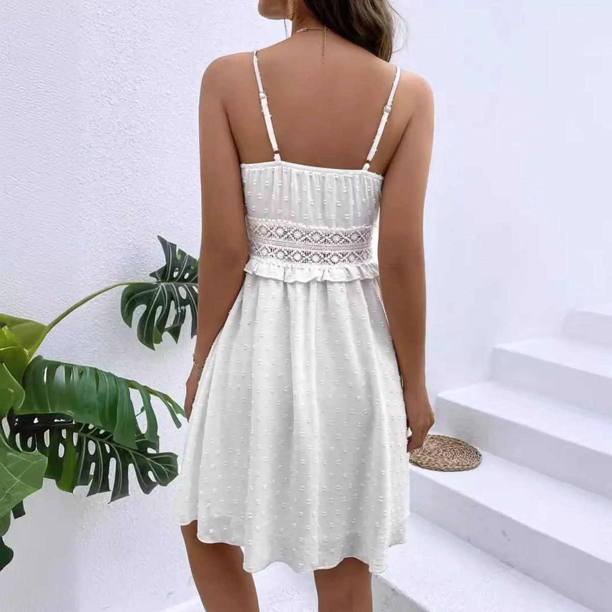 Sleeveless V-Neck Mini Dress with Lace Trim and Adjustable Straps