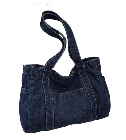 Soft Structured Denim Style Tote Shoulder Bag with Everyday Capacity