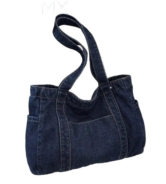 Soft Structured Denim Style Tote Shoulder Bag with Everyday Capacity