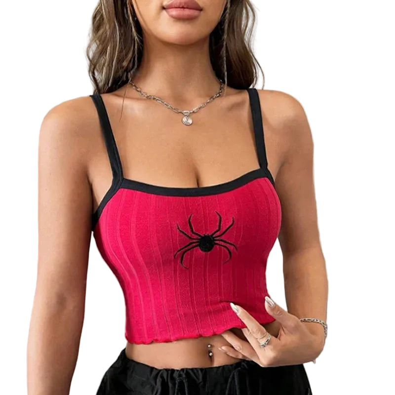 Square Neck Ribbed Crop Top with Graphic Embroidery Streetwear Slim Fit