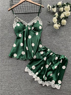 Classic Polka Dot Satin-Finish Camisole and Shorts Sleep Set with Scalloped Lace Trim