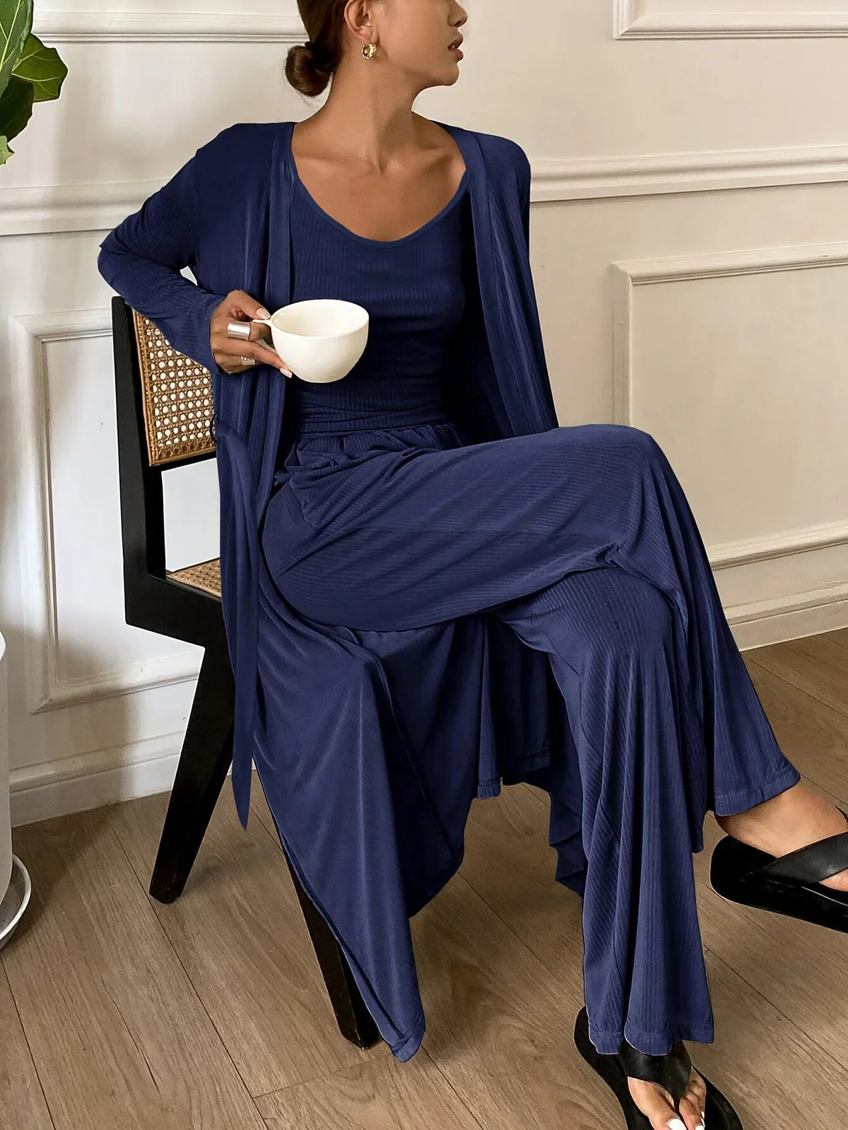 Women's Three-Piece Fall Pajama Set with Sleeveless Camisole, Long-Sleeve Robe and Matching Ankle-Length Pants