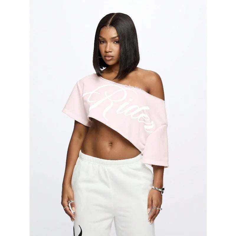 Women's Asymmetric Off Shoulder Graphic Crop T-Shirt for Modern Streetwear and Casual Everyday Style