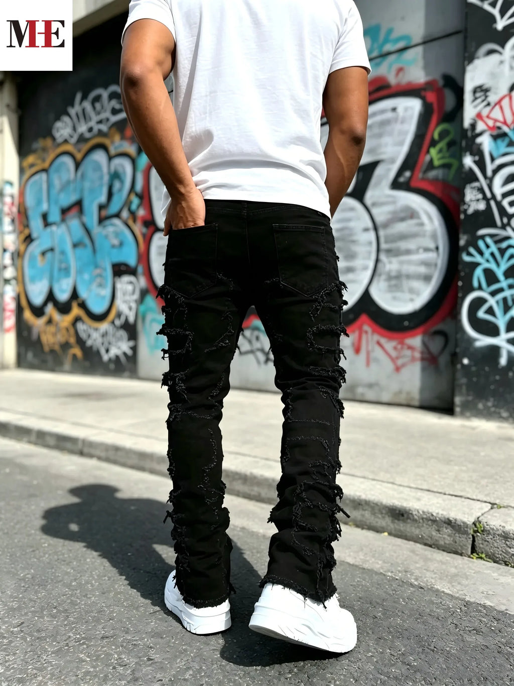 Men's Stacked Slim Denim Jeans with Frayed Finish and Contemporary Streetwear Fit