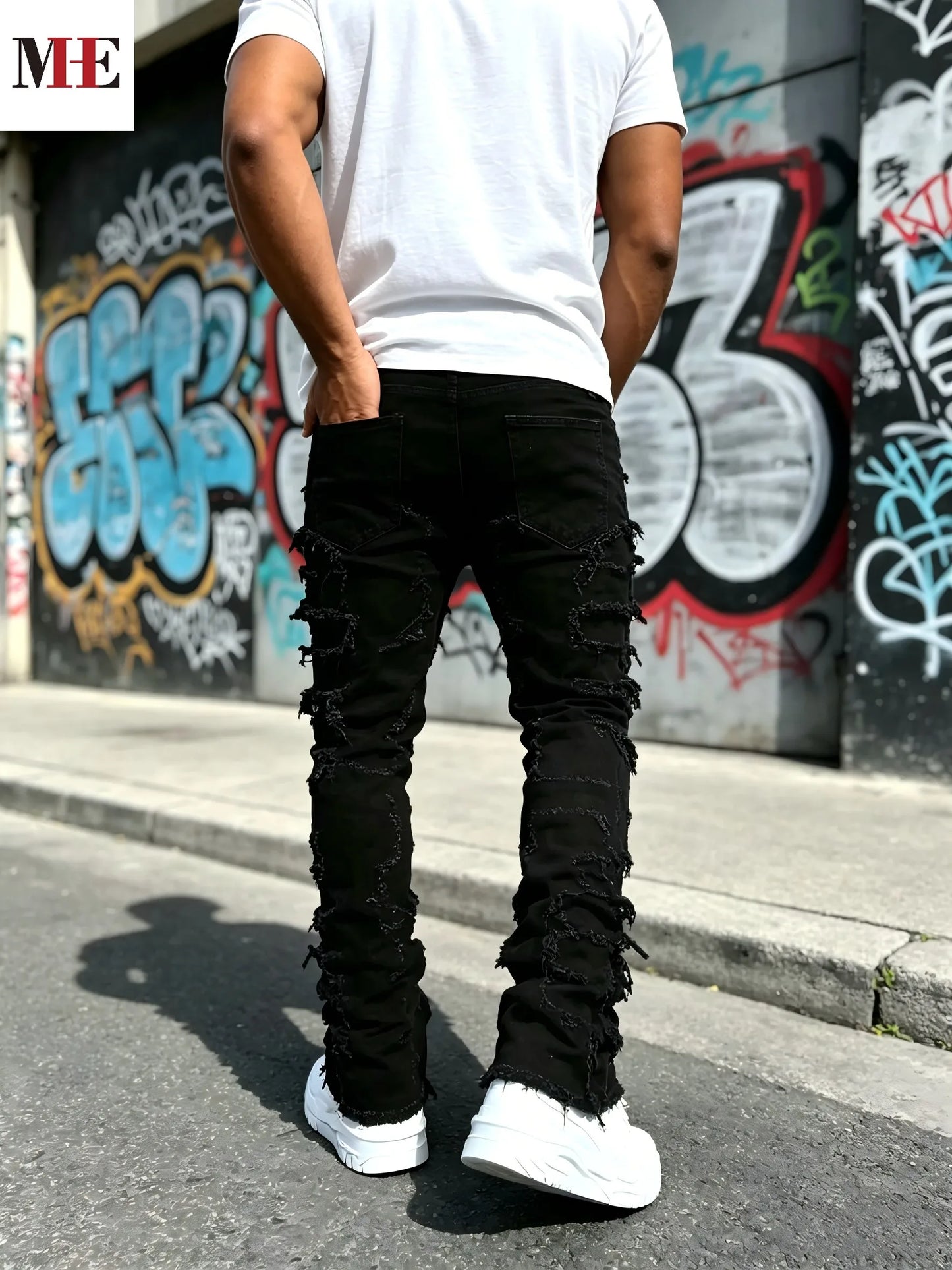 Men's Stacked Slim Denim Jeans with Frayed Finish and Contemporary Streetwear Fit