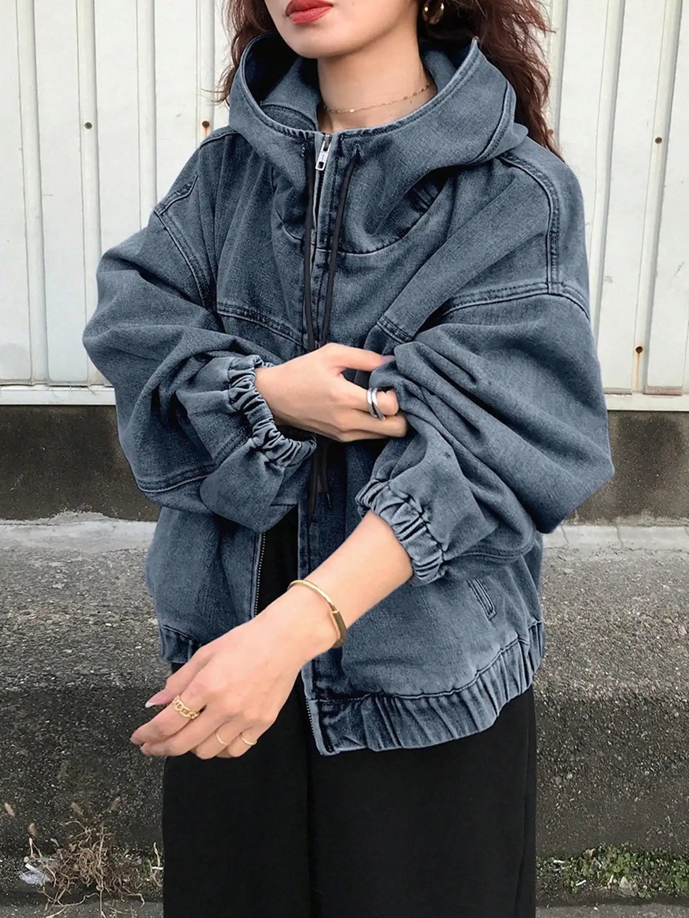 Women's Hooded Denim Zip-Up Jacket Relaxed Streetwear Drawstring Everyday Outerwear
