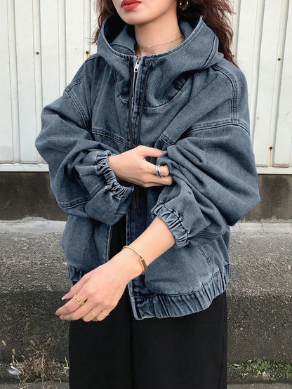 Women's Hooded Denim Zip-Up Jacket Relaxed Streetwear Drawstring Everyday Outerwear