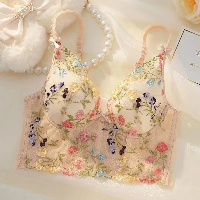 Colorful Floral Embroidery Longline Corset Bra and Panty Set