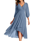 Long Sleeve Wrap Midi Dress with Ruffle Hem and Flowing Chiffon Layers