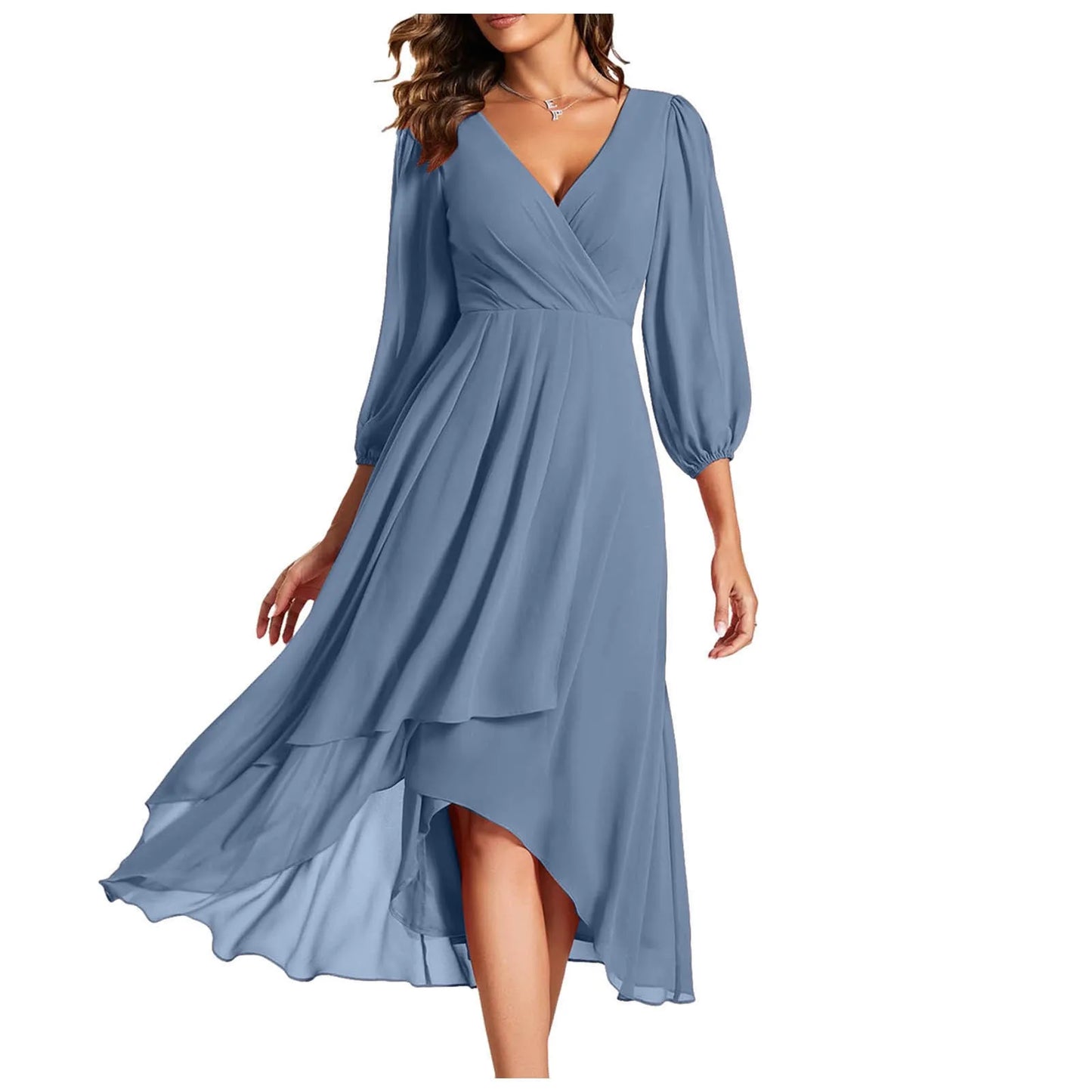 Long Sleeve Wrap Midi Dress with Ruffle Hem and Flowing Chiffon Layers