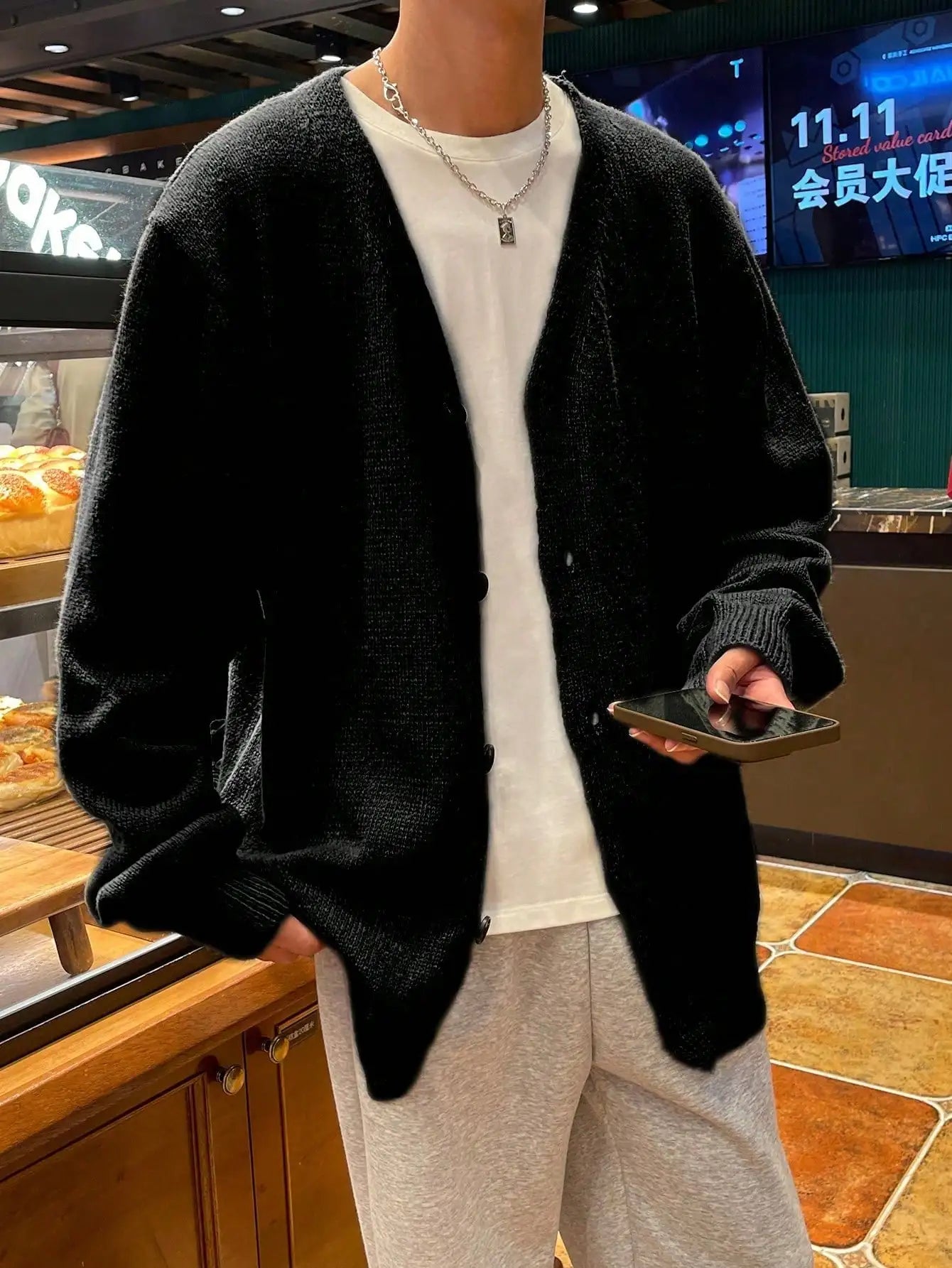 Men's Oversized Button Front Cardigan with Relaxed Drop Shoulder Knit Design