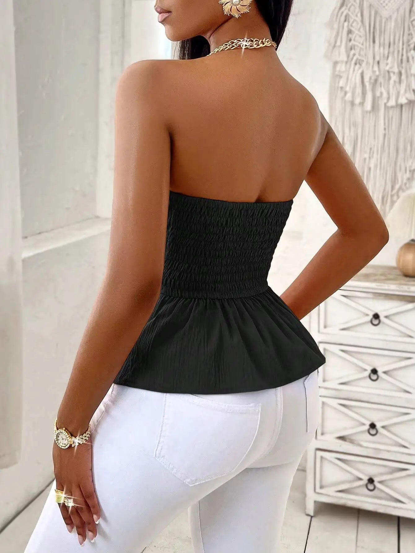 Halter Peplum Crop Top with Ruched Waist Contemporary Streetwear Slim Fit