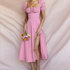 Off Shoulder Maxi Dress with Bubble Sleeves and Side Slit Detail