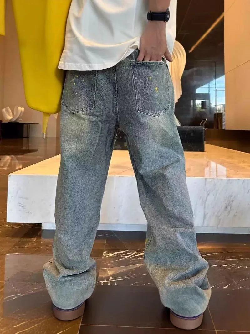 Unisex Relaxed Straight Leg Washed Denim Jeans with Graphic Print Streetwear Design