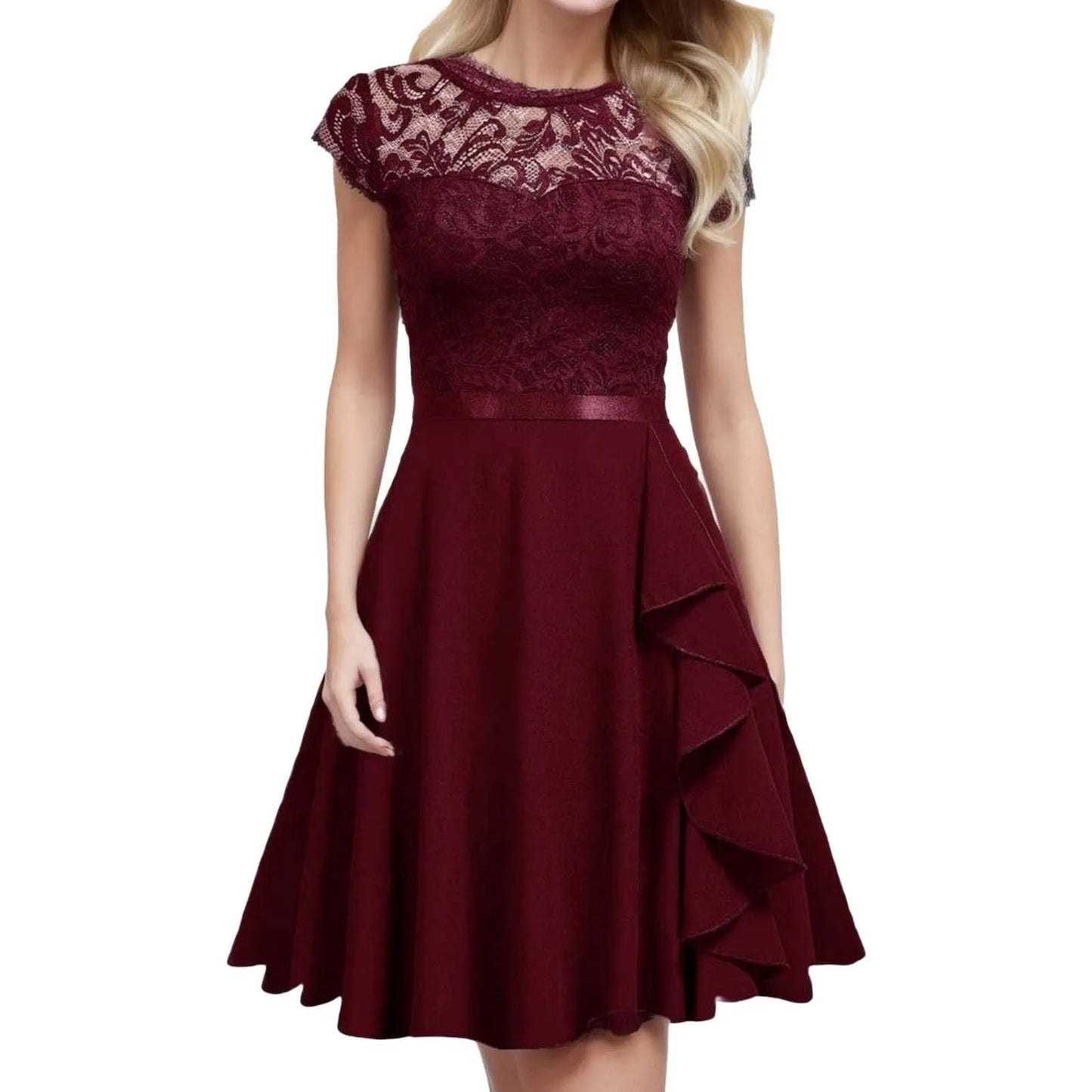 Lace Panel Ruffle Hem Feminine Alternative Midi Dress