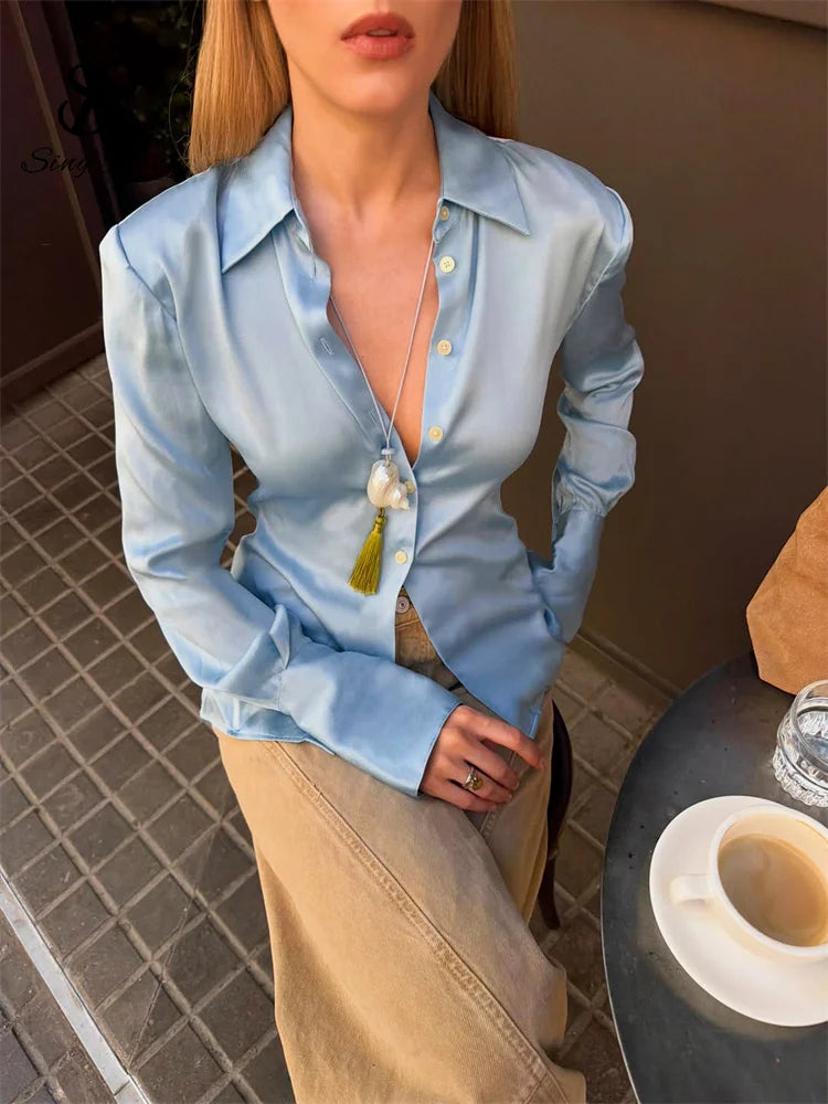 Vibrant Teal Satin-Finish Slim Fit Button-Down Blouse with Polished Collar