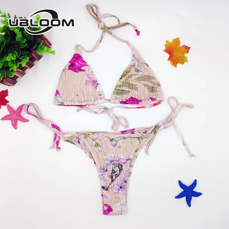 Vibrant Green Floral Underwire Bikini with Ruched Texture
