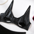 Faux Leather Wet-Look Three-Piece Lingerie Set with Garter Belt