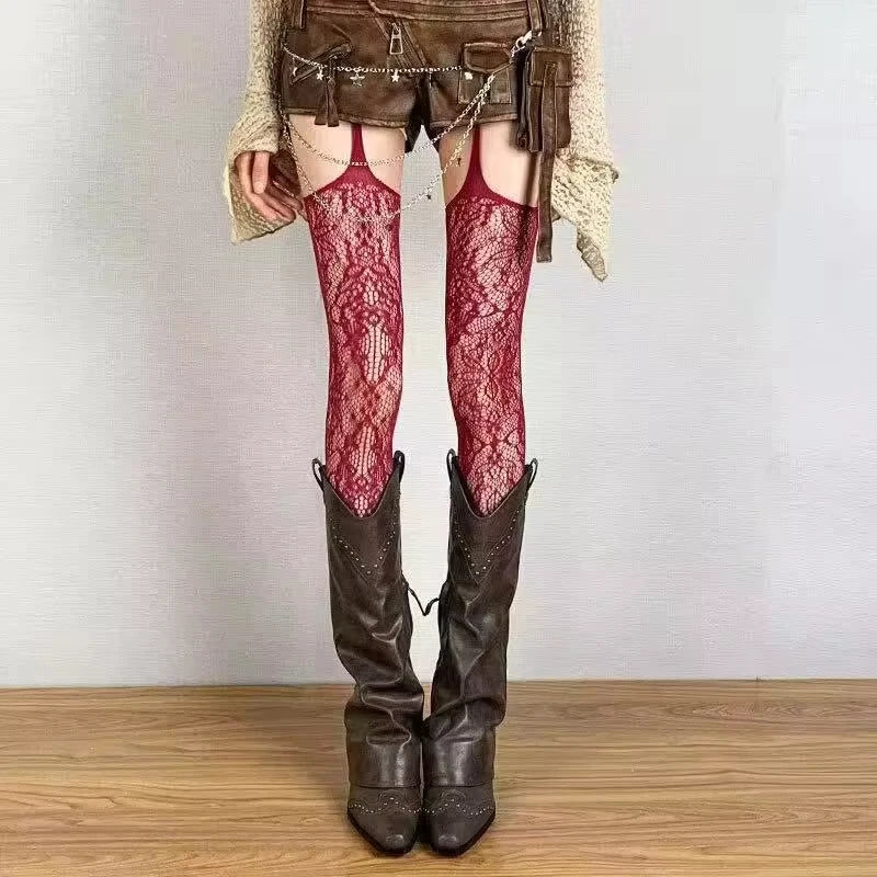 Floral Fishnet Suspender Tights Alternative Punk Fashion Garter Style Hosiery