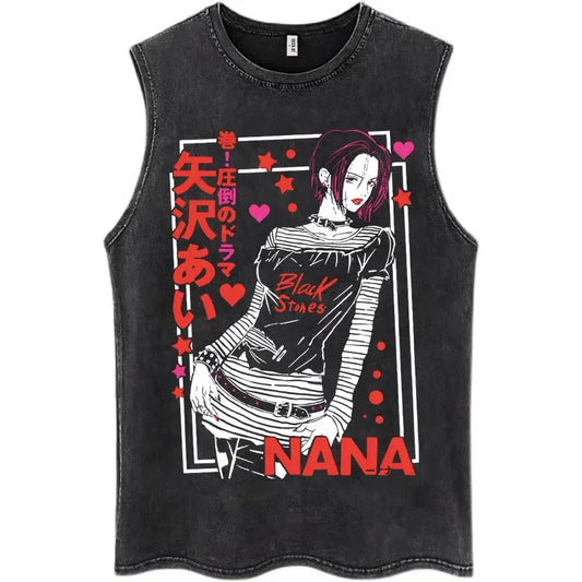 Japanese Streetwear Graphic Sleeveless Tank Top with Bold Manga-Inspired Illustration Artwork