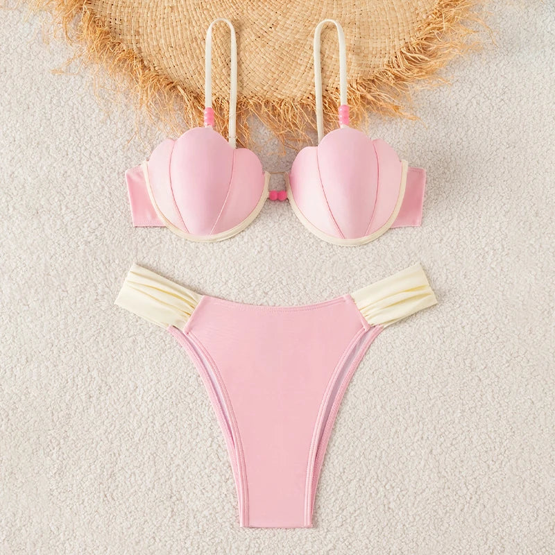 Structured Brown Seashell Underwire Bikini with Contrast White Detailing