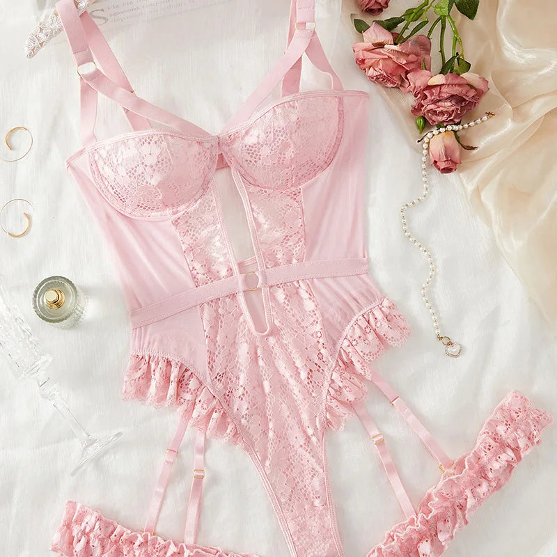 Pink Floral Lace Strappy Bodysuit with Ruffled Accents and Open Design