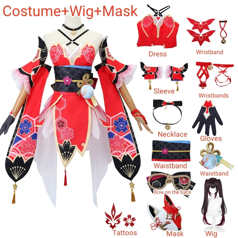 Elaborate Floral Kimono-Style Cosplay Costume with Fox Mask and Flowing Sleeves